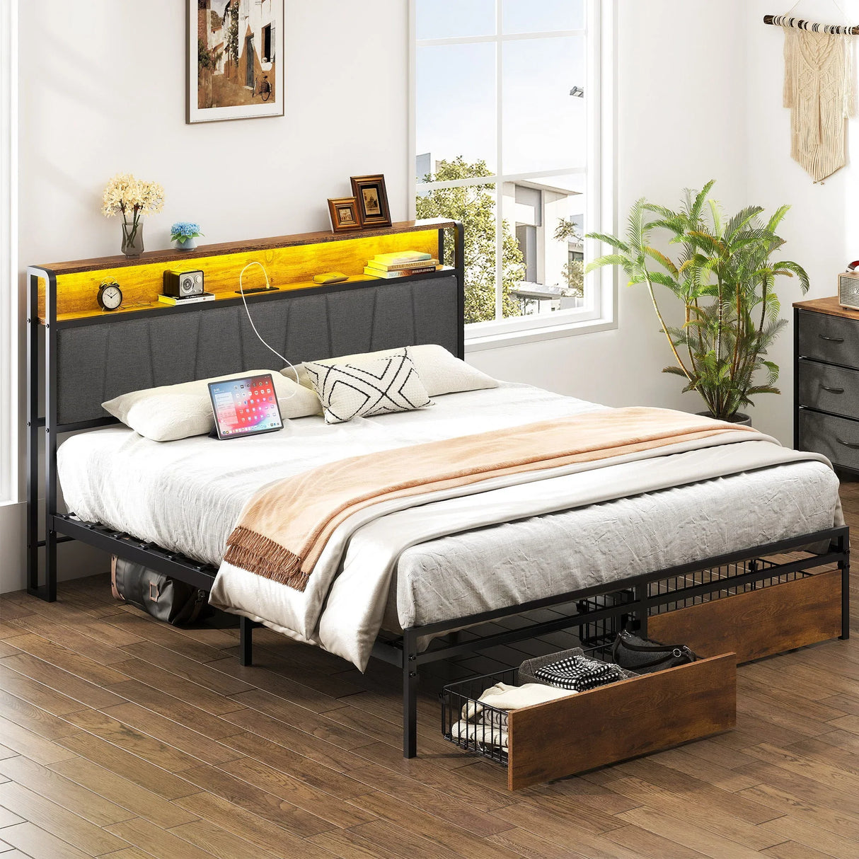 Upholstered Platform Bed Frame With Storage Drawers, USB Ports, LED Lights - Furniture Home Direct
