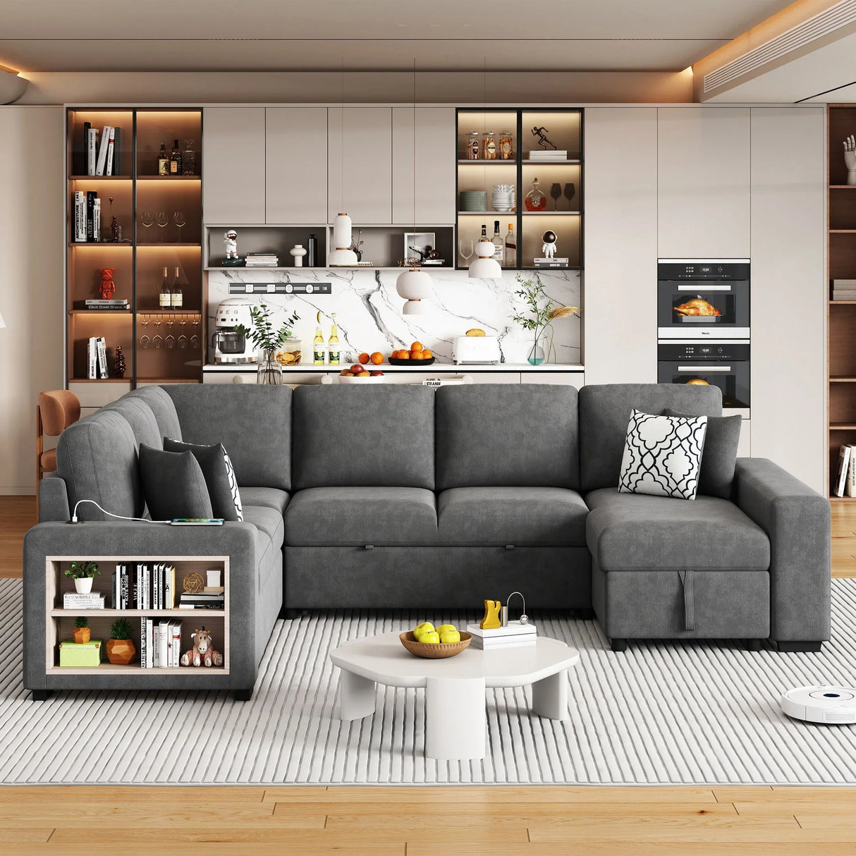 U-Shaped Sectional Sofa Pull-Out Sofa Bed With Two USB Ports, A Storage Chaise Lounge And Four Back Pillows For Living Room - Furniture Home Direct