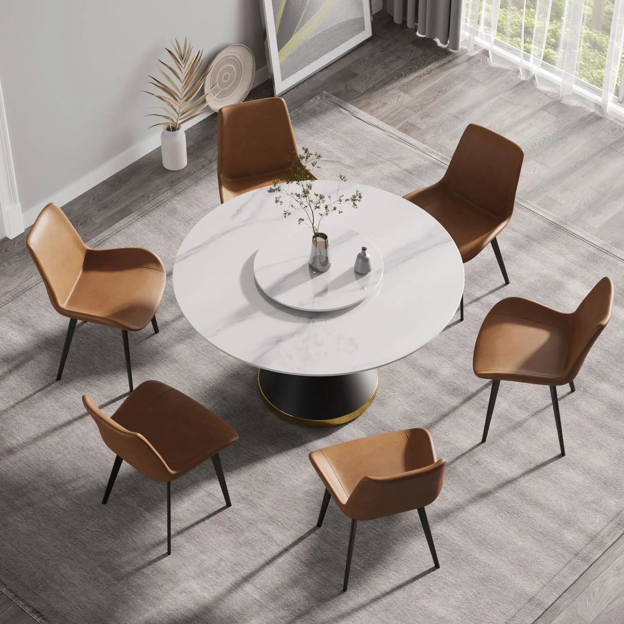 53" Modern Artificial Stone Round Carbon Steel Base Dining Table, Can Accommodate 6 People, Artificial Stone Turntable - White / Black - Furniture Home Direct