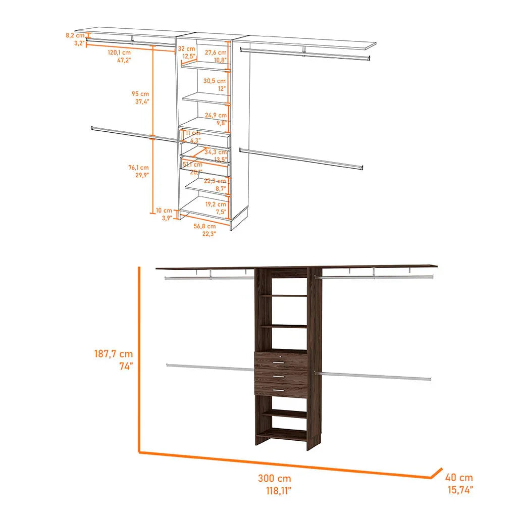 Closet System With Drawers And Shelves In Dark Walnut - Furniture Home Direct