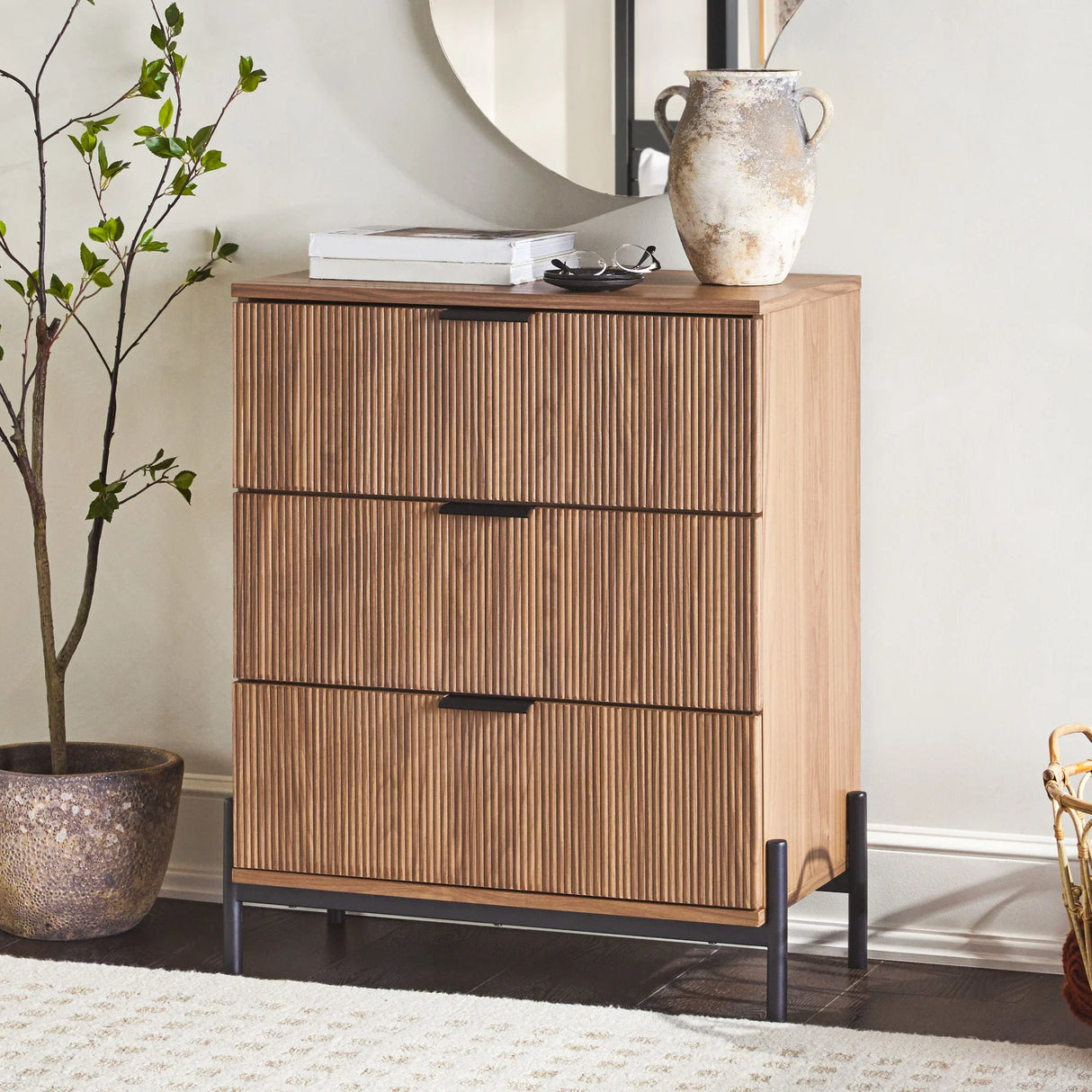 Mid-Century 3 Drawer Chest With Reeded Drawer Fronts - Furniture Home Direct