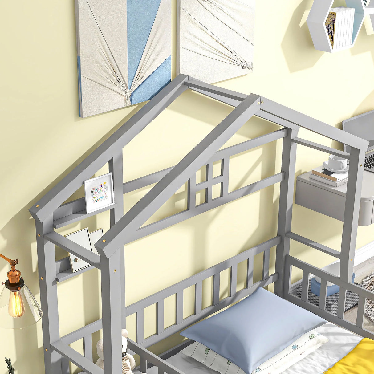 House-Style Headboard Floor Bed With Fence Guardrails Without Cushion - Furniture Home Direct