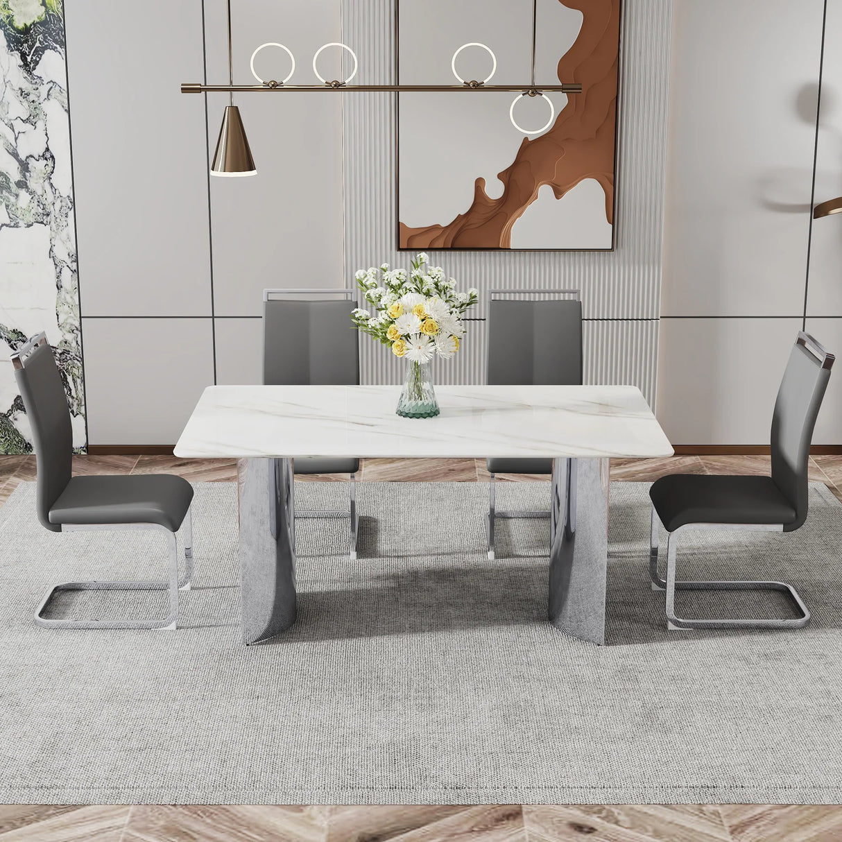 Dining Table Modern Faux Marble Top Chrome Base White - Furniture Home Direct