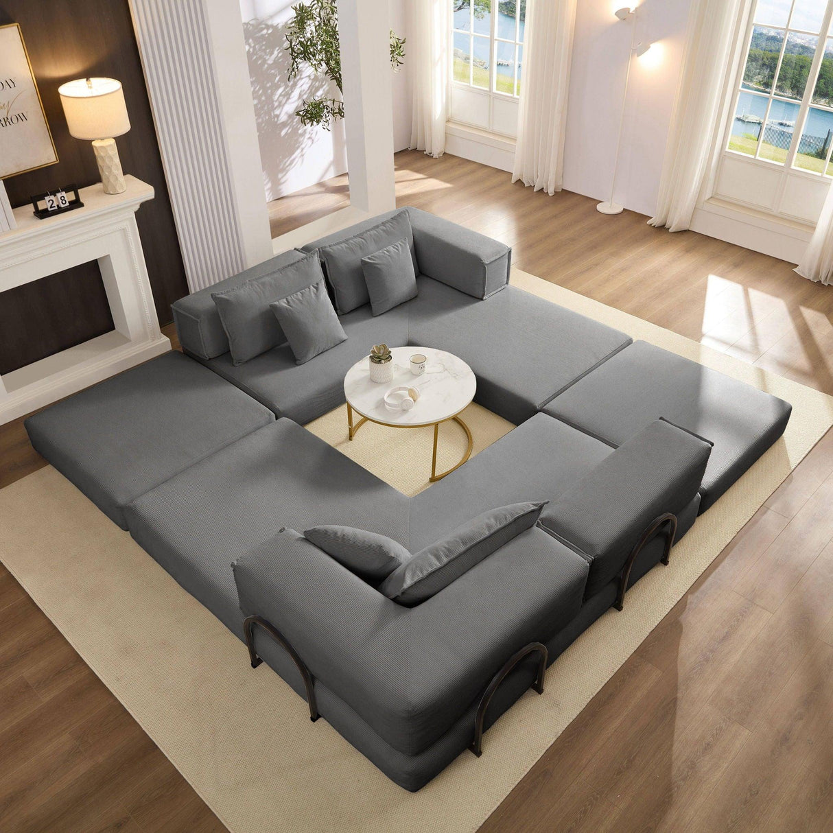 Modular L Shaped Floor Living Room Sofa Set With 6 Pillows - Furniture Home Direct