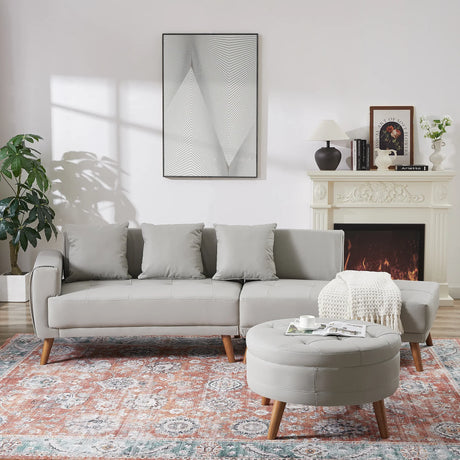 107 Inch Contemporary Sofa With Round Storage Ottoman Grey - Furniture Home Direct