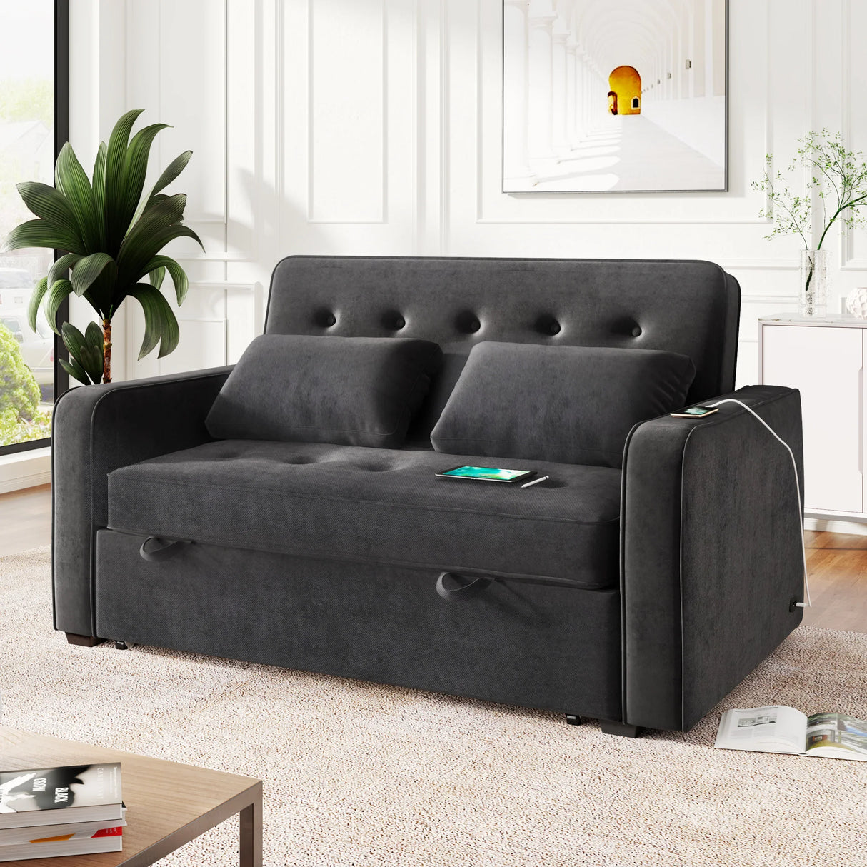 66.5" Upholstered Loveseat With Pull Out Bed, Two Throw Pillows, Dual USB Charging Port and Adjustable Backrest - Black - Furniture Home Direct