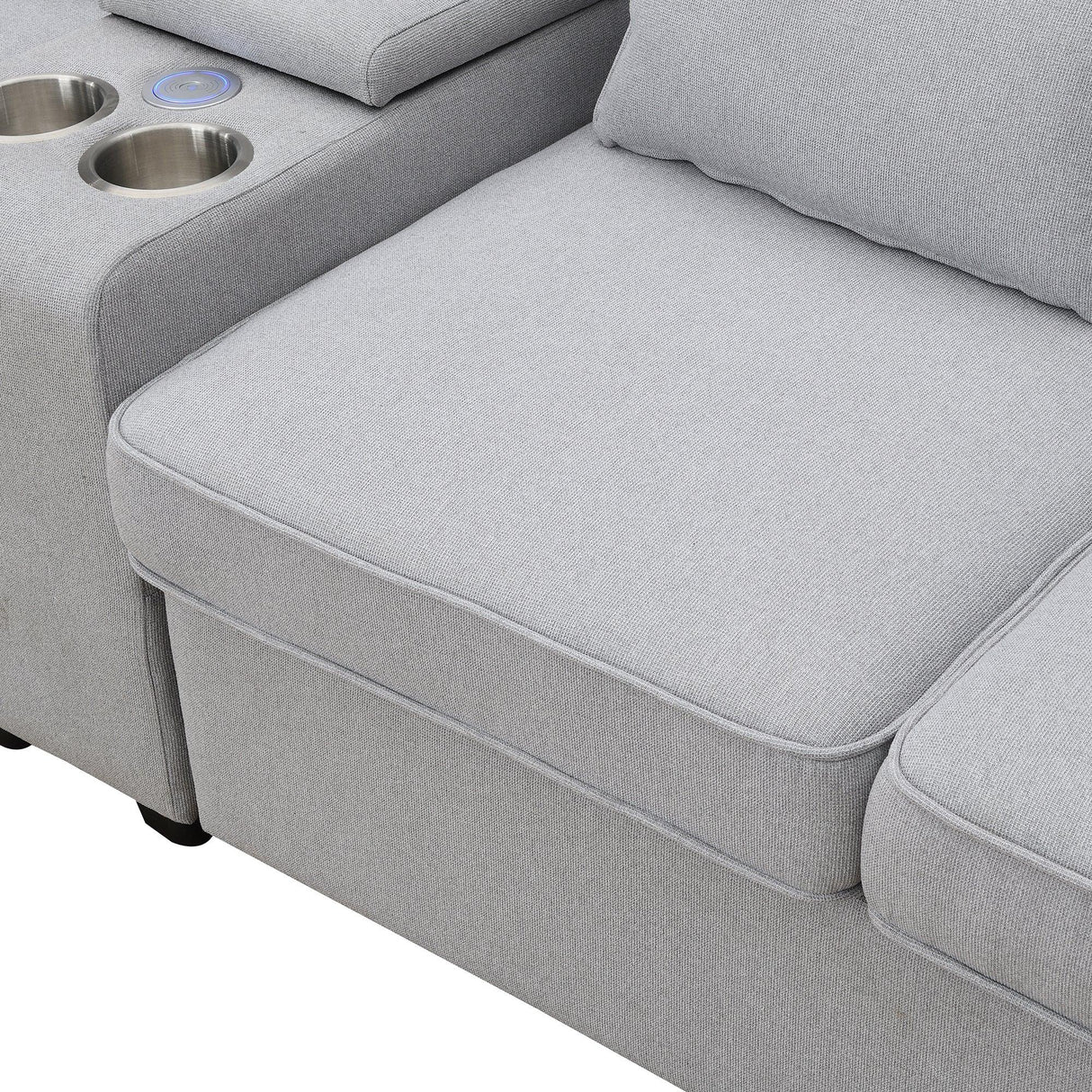 114.2 Sofa With Console 2 Cupholders 2 USB Ports Light Gray - Furniture Home Direct