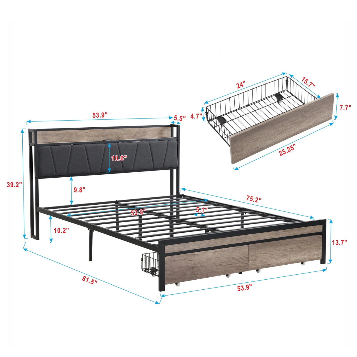 Modern Bed Frame With LED Lights, Upholstered Headboard, USB Charging - Furniture Home Direct