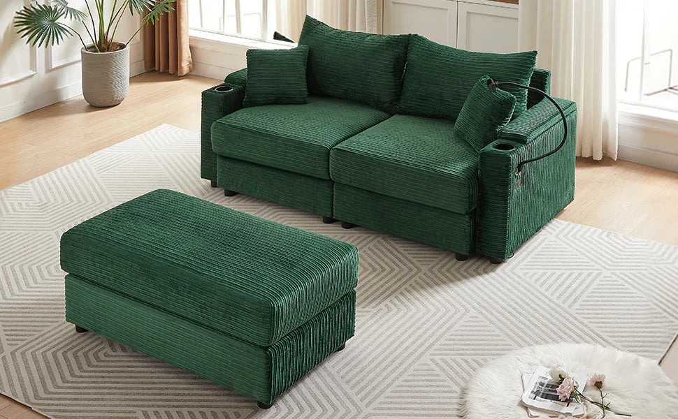Sofa and Ottoman With Storage, Two USB Ports, Two Cup Holders and Phone Holder - Green - Furniture Home Direct