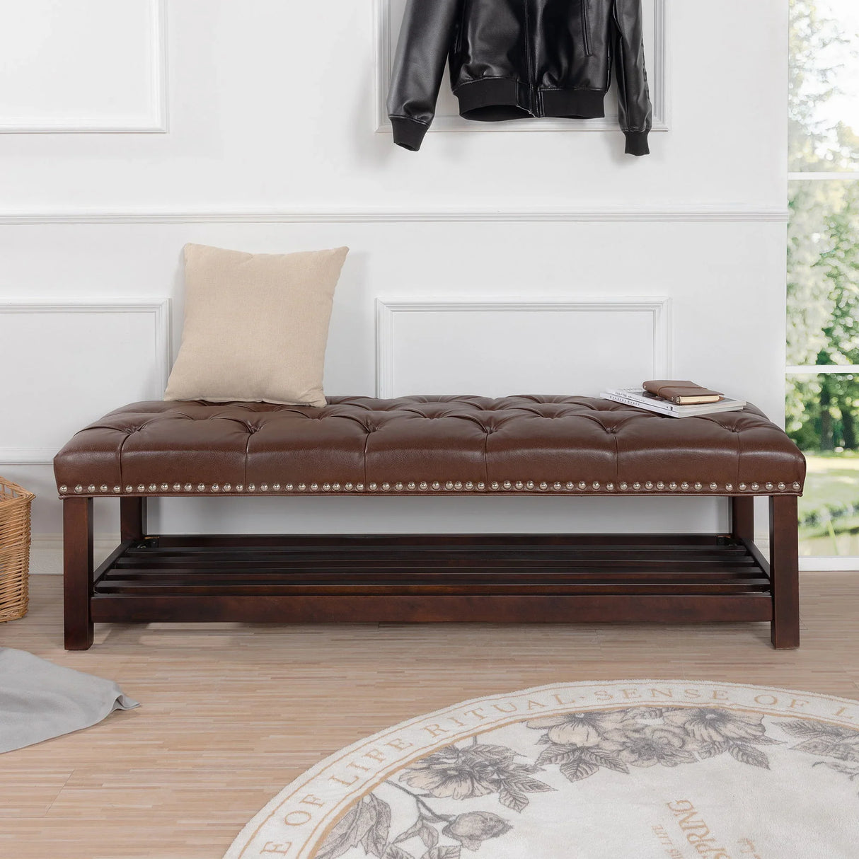 Bedroom End Of Bed Bench Tufted Upholstered End Of Bed Bench End Of Bed Entrance Shoe Bench With Nailhead Trim And Shelf Bedroom Upholstered Leather Bench Living Room Shoe Rack Footstool - Furniture Home Direct