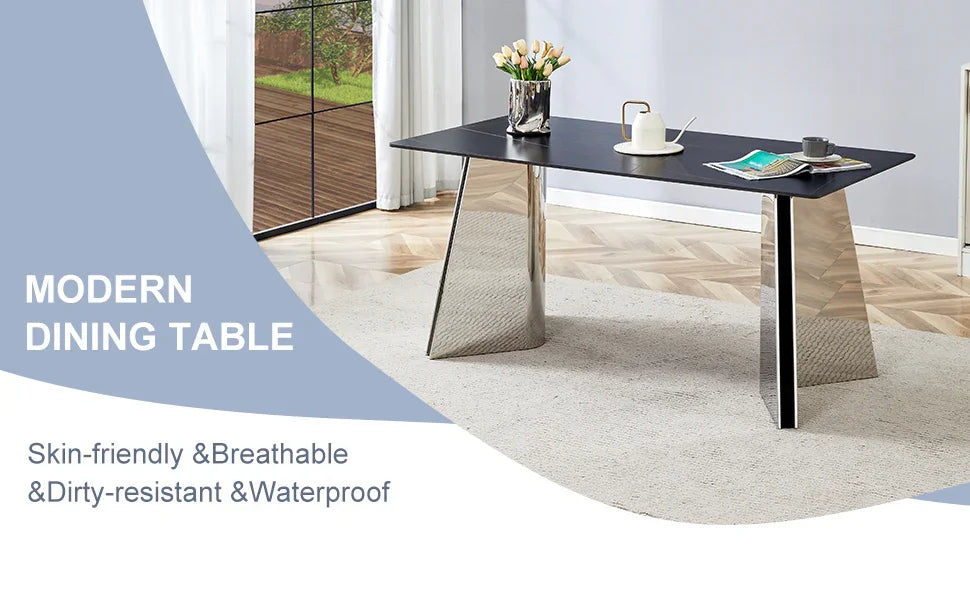 Dining Table Marble Pattern Slab With Butterfly Legs Black - Furniture Home Direct