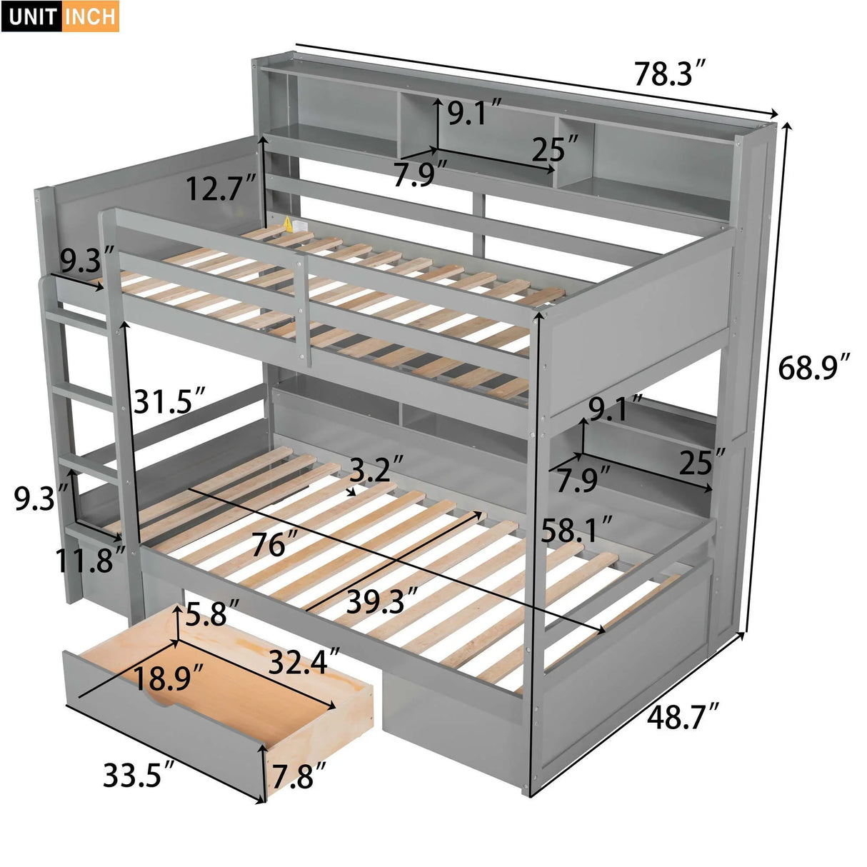 Twin Size Bunk Bed With Built-In Shelves Beside Both Upper And Down Bed And Storage Drawer - Furniture Home Direct