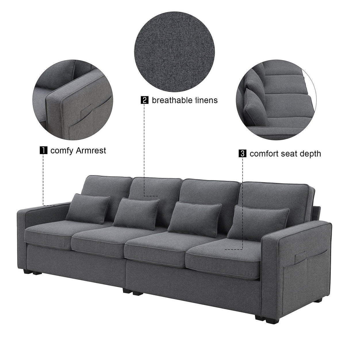 4 Seater Modern Linen Sofa With Armrest Pockets And 4 Pillows, Minimalist Style Couch For Living Room - Furniture Home Direct