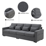 4 Seater Modern Linen Sofa With Armrest Pockets And 4 Pillows, Minimalist Style Couch For Living Room - Furniture Home Direct