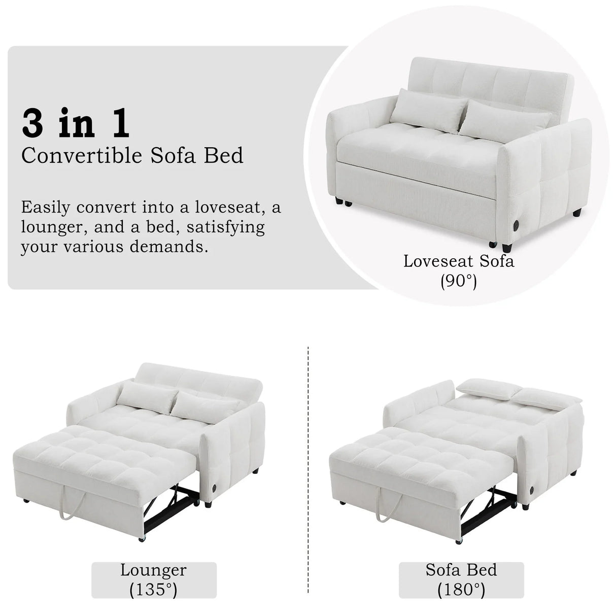Loveseat Sofa Pull-Out Bed With Adjustable Backrest, 3 USB Ports And 2 Lumbar Pillows For Living Room - Furniture Home Direct