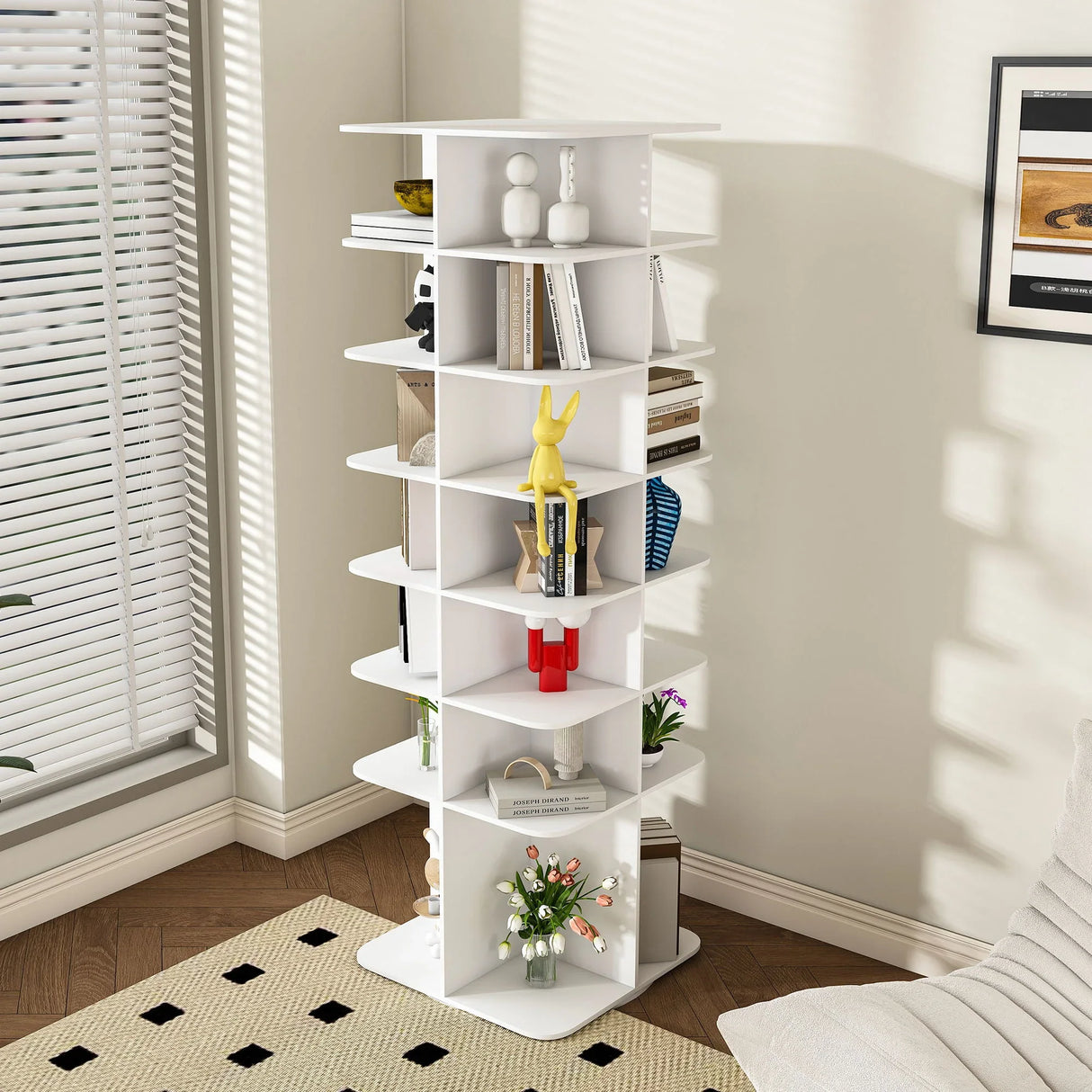 7 Tier Square Rotating Shoe Rack Tower With 360° Spinning Organizer - White - Furniture Home Direct