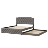 Upholstered Platform Bed With Trundle And 2 Sets Of USB Ports On Each Side, Linen Fabric - Furniture Home Direct