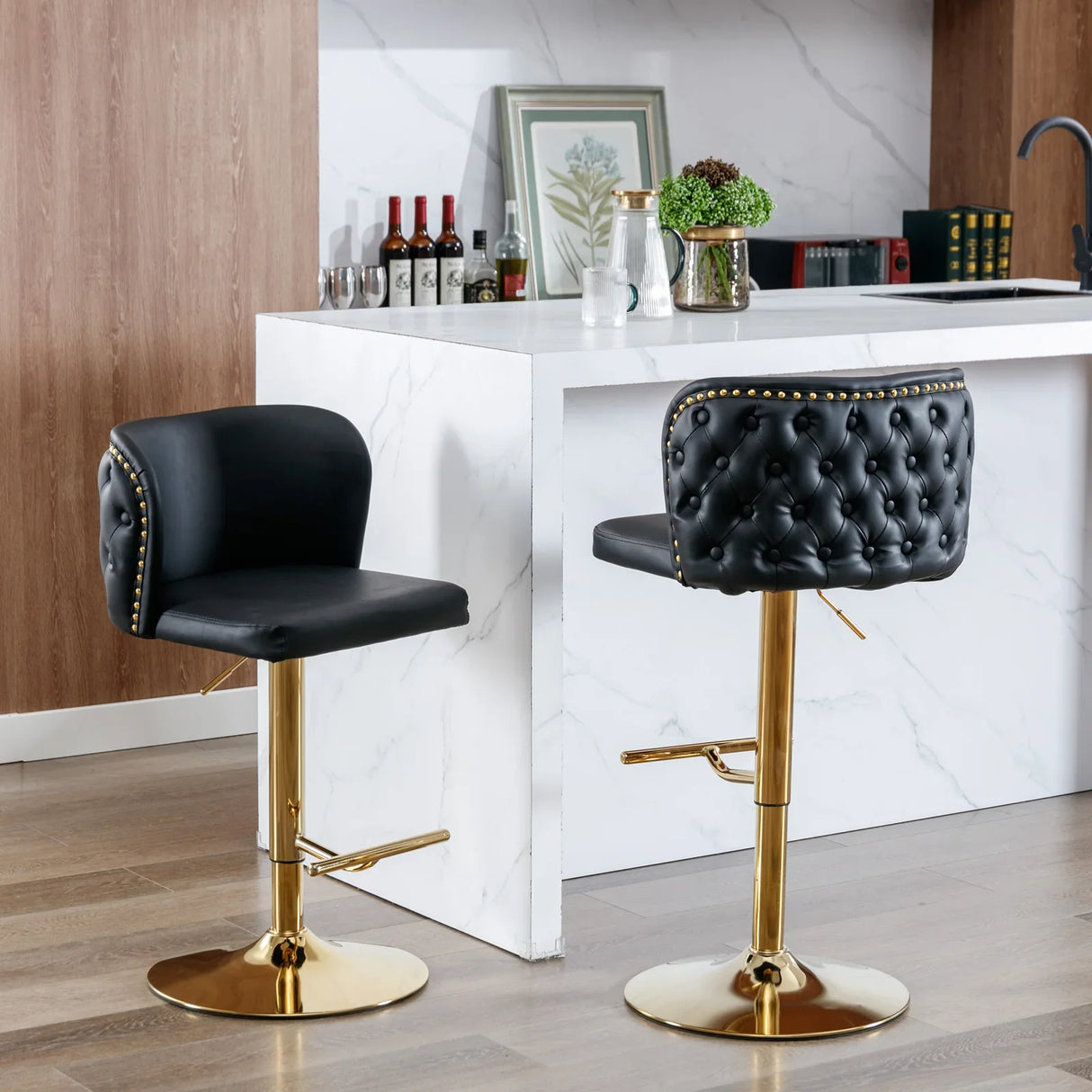 Counter Height Bar Stools Tufted PU Leather Swivel Black - Furniture Home Direct