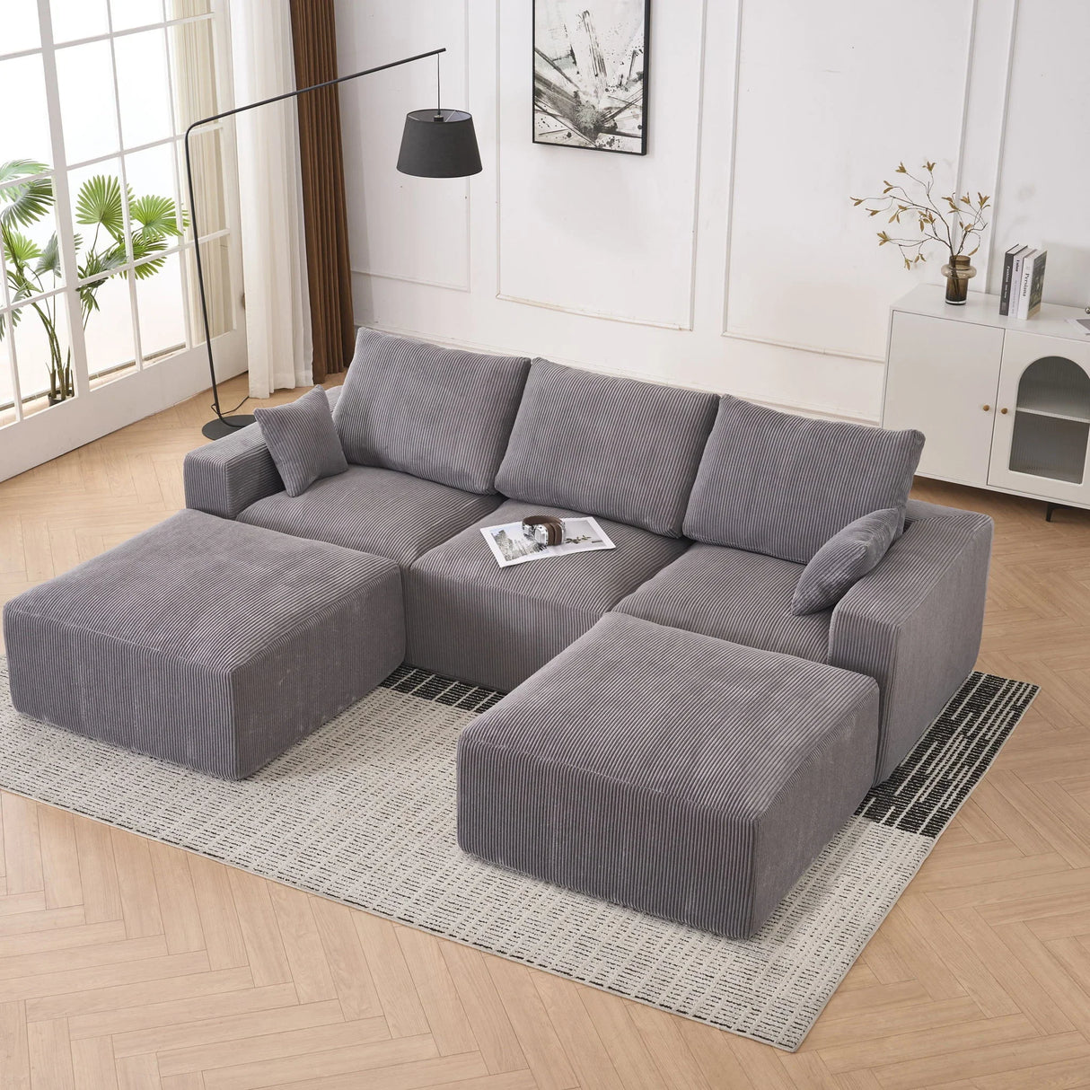 Modular Sectional Sofa With Ottoman, USB And Type C Charger, Petal Armrest Design - Furniture Home Direct