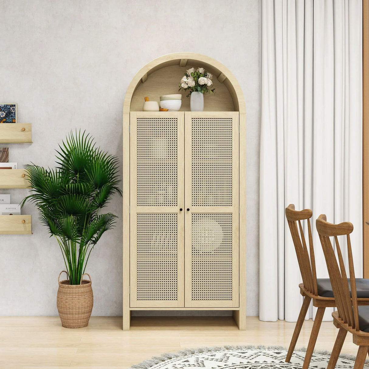 Tall Arched Kitchen Pantry, Arched Storage Display Cabinet With 2 Drawers & Adjustable Shelves, Rattan Door Versatile Storage Cabinet For Kitchen, Dining Room - Natural - Furniture Home Direct