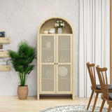 Tall Arched Kitchen Pantry, Arched Storage Display Cabinet With 2 Drawers & Adjustable Shelves, Rattan Door Versatile Storage Cabinet For Kitchen, Dining Room - Natural - Furniture Home Direct