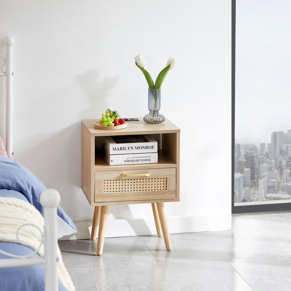 15.75" Rattan End Table With Power Outlet & USB Ports, Modern Nightstand With Drawer And Solid Wood Legs, Side Table For Living Room, Bedroom - Furniture Home Direct