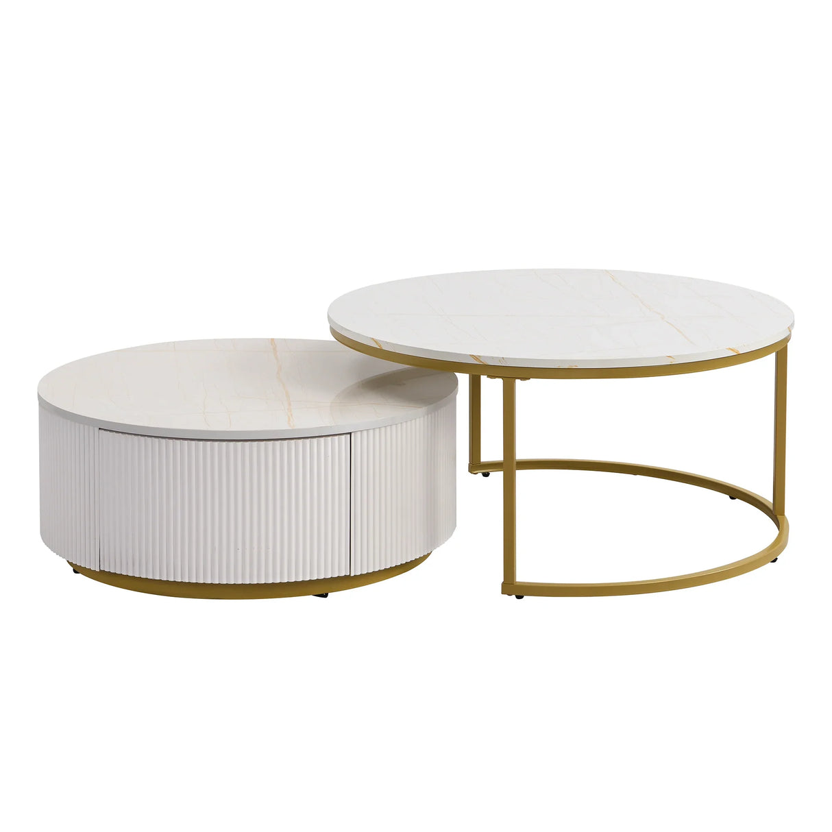 Round Nesting Coffee Table Fluted Drawer Gold and White - Furniture Home Direct