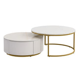 Round Nesting Coffee Table Fluted Drawer Gold and White - Furniture Home Direct