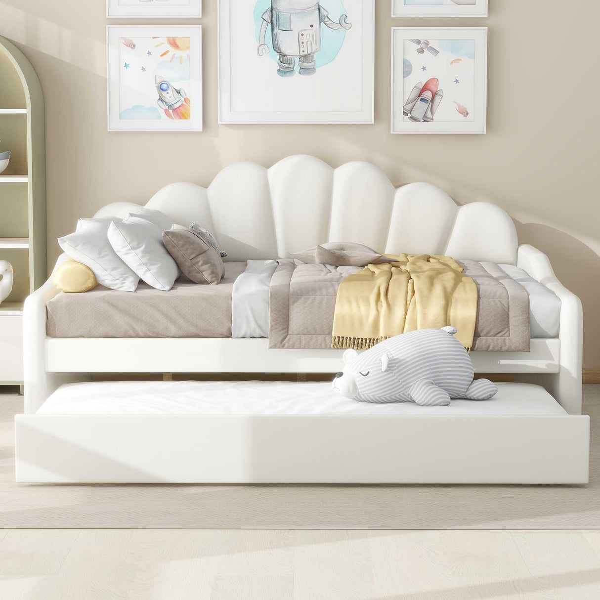Upholstery Daybed Frame With Shell Shaped Backrest And Trundle - Furniture Home Direct