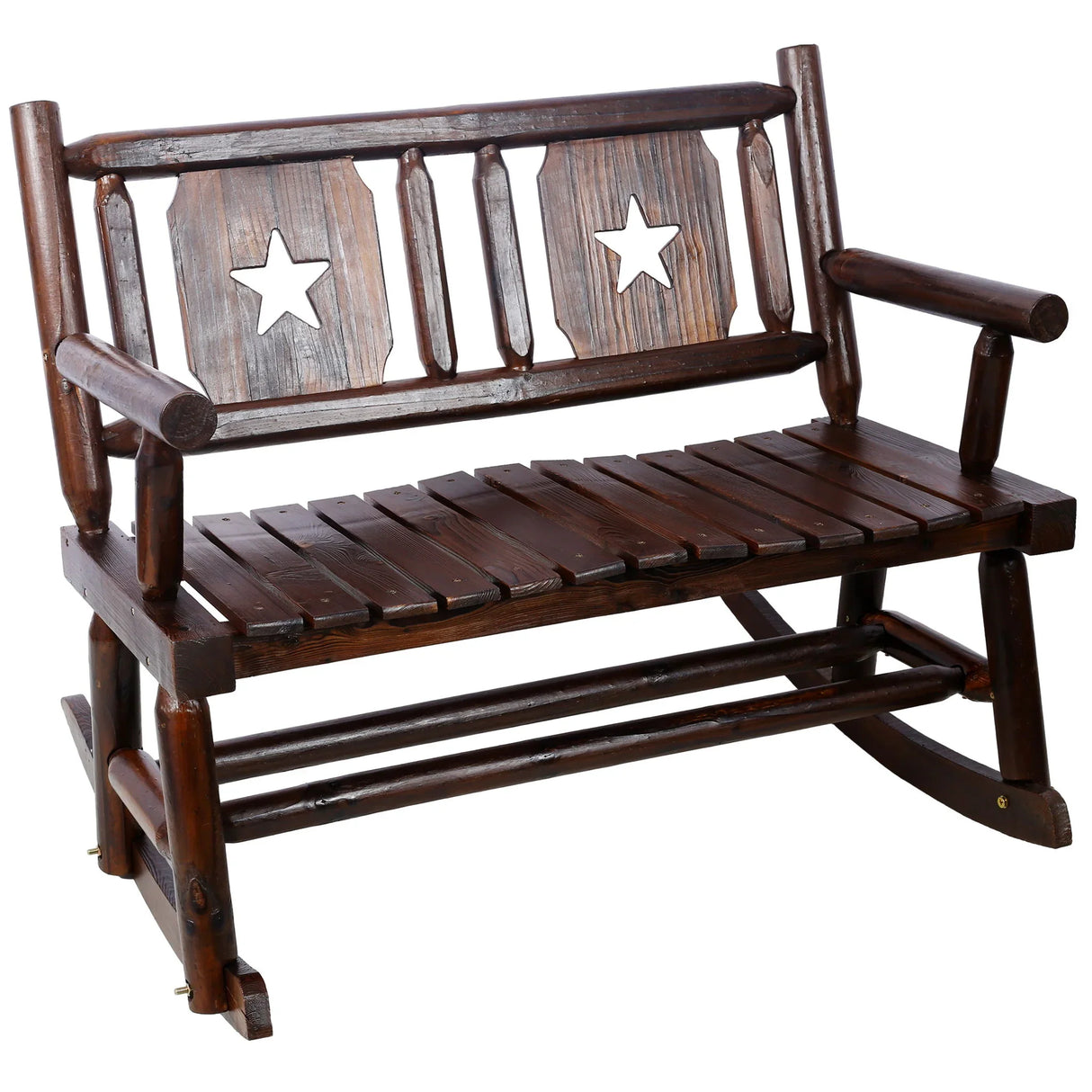Rustic Outdoor Wood Rocking Bench Double Rocking Chair For 2 Persons With Curved Seat, Porch Rocker - Brown - Furniture Home Direct