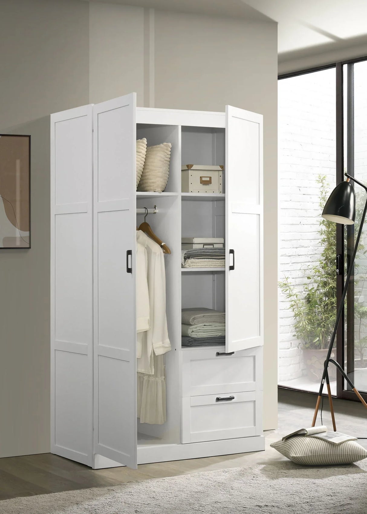 Aubree - Wardrobe Cabinet Armoire With 2 Drawers And Hanging Rod - White - Furniture Home Direct