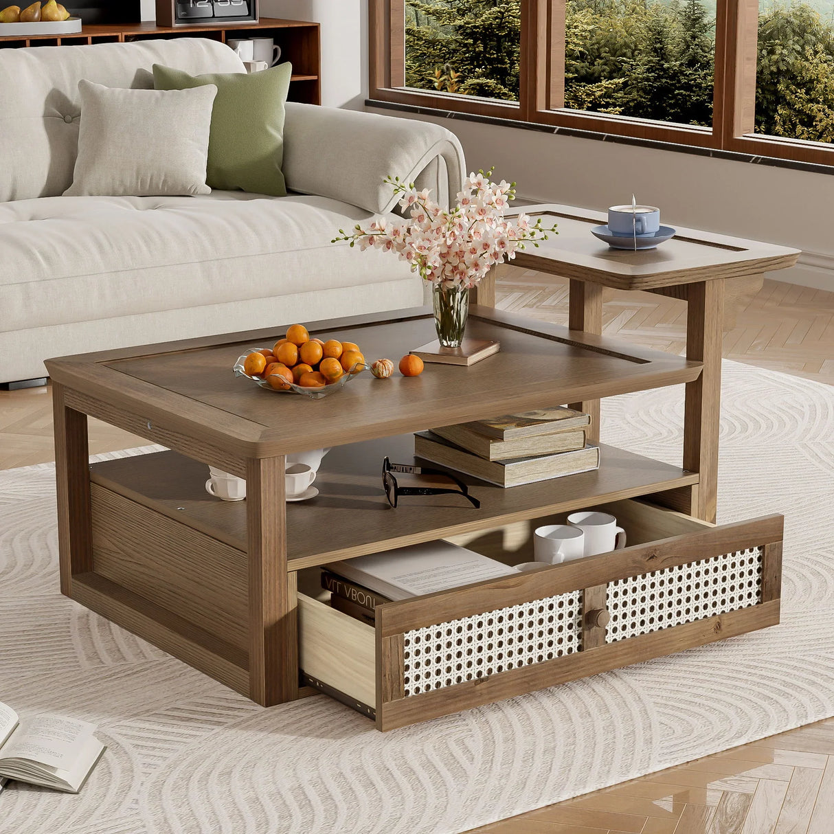 Coffee Table With 1 Storage Shelf, 2 Tabletops And 1 Rattan Drawer - Furniture Home Direct