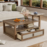 Coffee Table With 1 Storage Shelf, 2 Tabletops And 1 Rattan Drawer - Furniture Home Direct