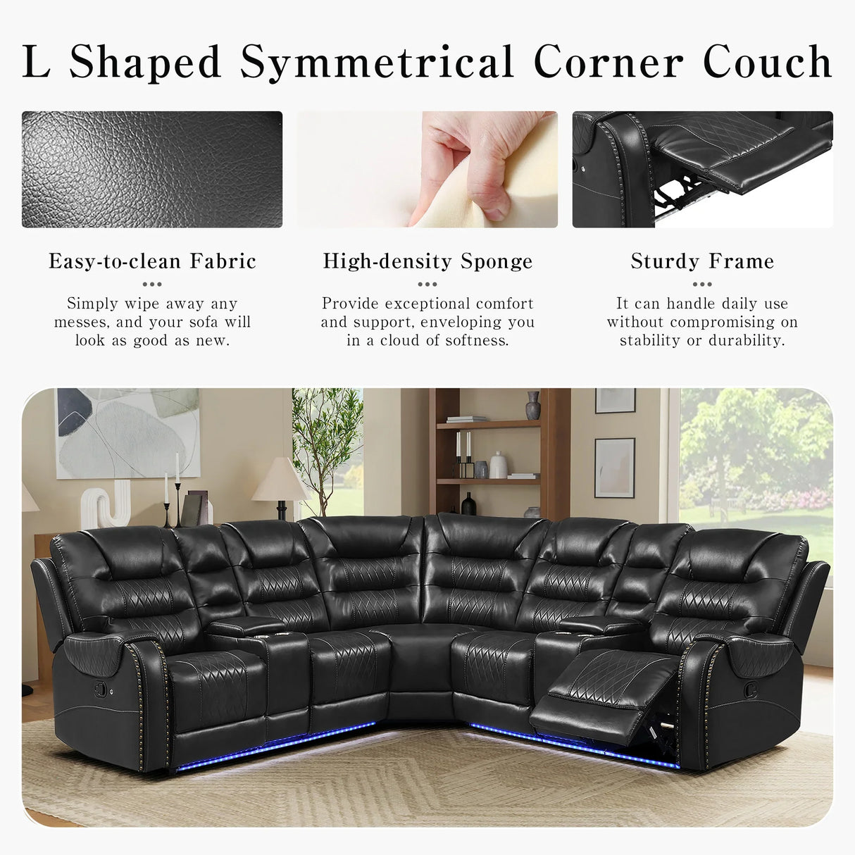 Sectional Sofa Manual Reclining With LED Light Strips Black - Furniture Home Direct