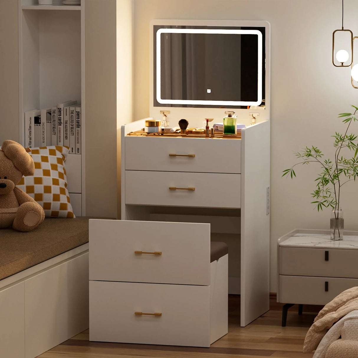 Vanity Table With Flip Top Four Drawers And Stool White - Furniture Home Direct