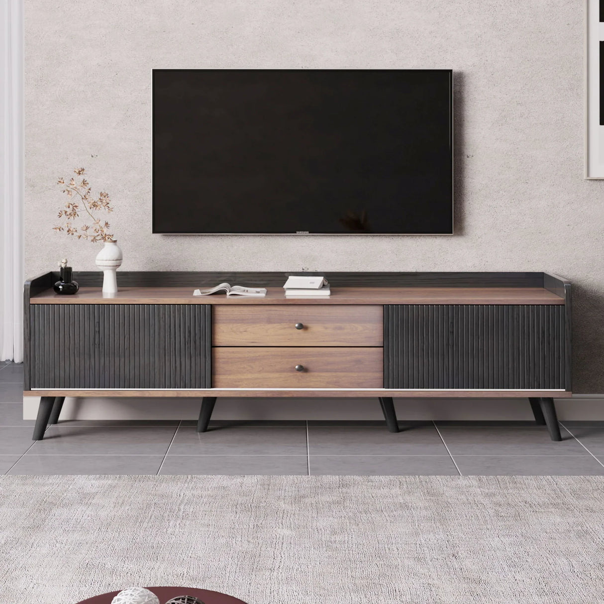 Mid Century TV Stand With 2 Storage Compartments For Tvs Up To 70'' - Dark Coffee / Black - Furniture Home Direct