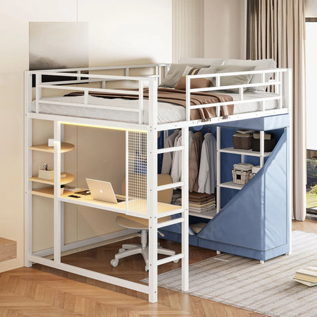 Loft Bed With Desk, Shelves, Power Outlet, LED Light And Wardrobe - Furniture Home Direct