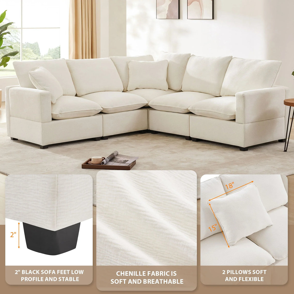 Modern L Shape Modular Sofa, 5 Seat Chenille Sectional Couch Set With 2 Pillows Included, Freely Combinable Indoor Funiture For Living Room, Apartment, Office - Furniture Home Direct