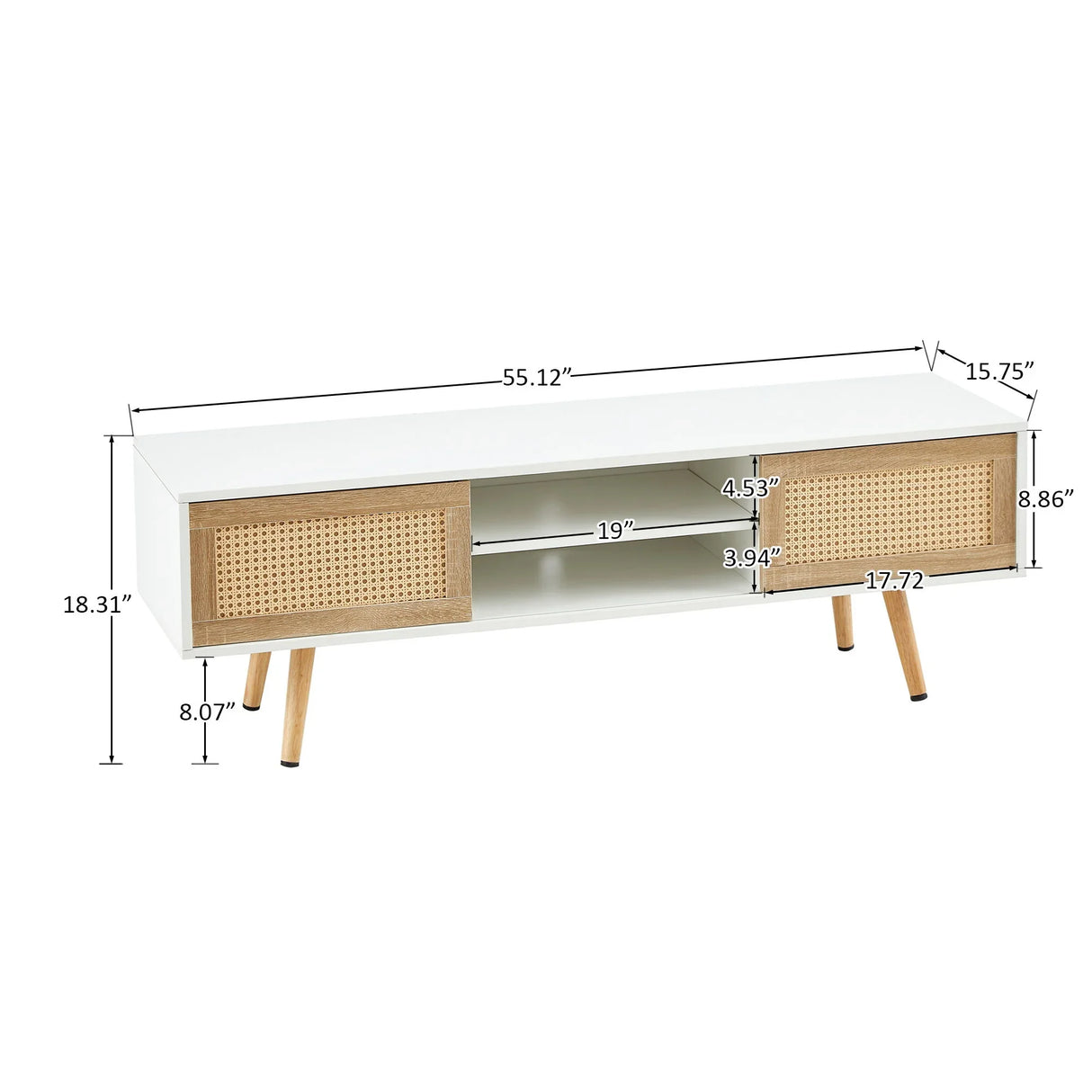 55.12" Rattan TV Cabinet, Double Sliding Doors For Storage, Adjustable Shelf, Solid Wood Legs, TV Console For Living Room - Furniture Home Direct