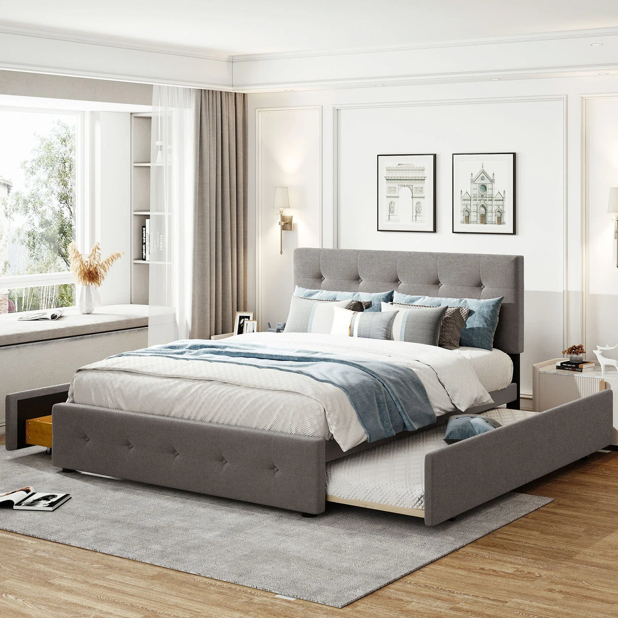 Upholstered Platform Bed With Classic Headboard And Drawers, No Box Spring Needed - Furniture Home Direct