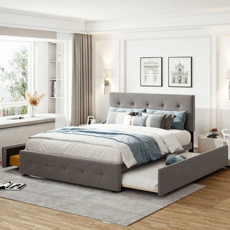 Upholstered Platform Bed With Classic Headboard And Drawers, No Box Spring Needed - Furniture Home Direct