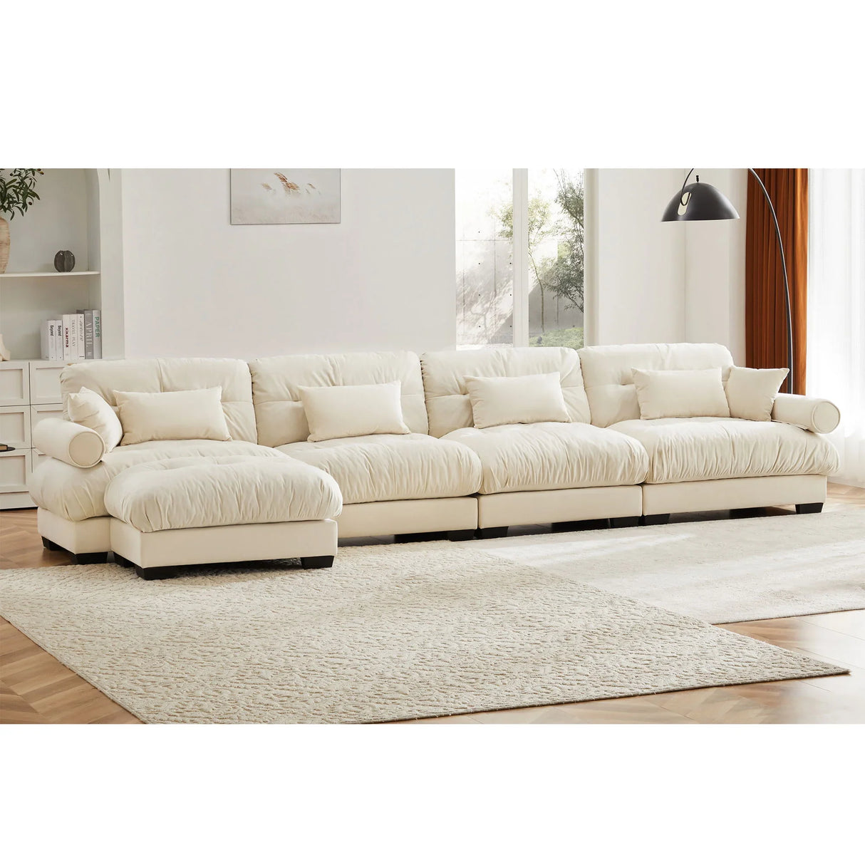 Modern Sectional Sofa With Ottoman, Round Bolster Armrests, Waist And Throw Pillows - Furniture Home Direct