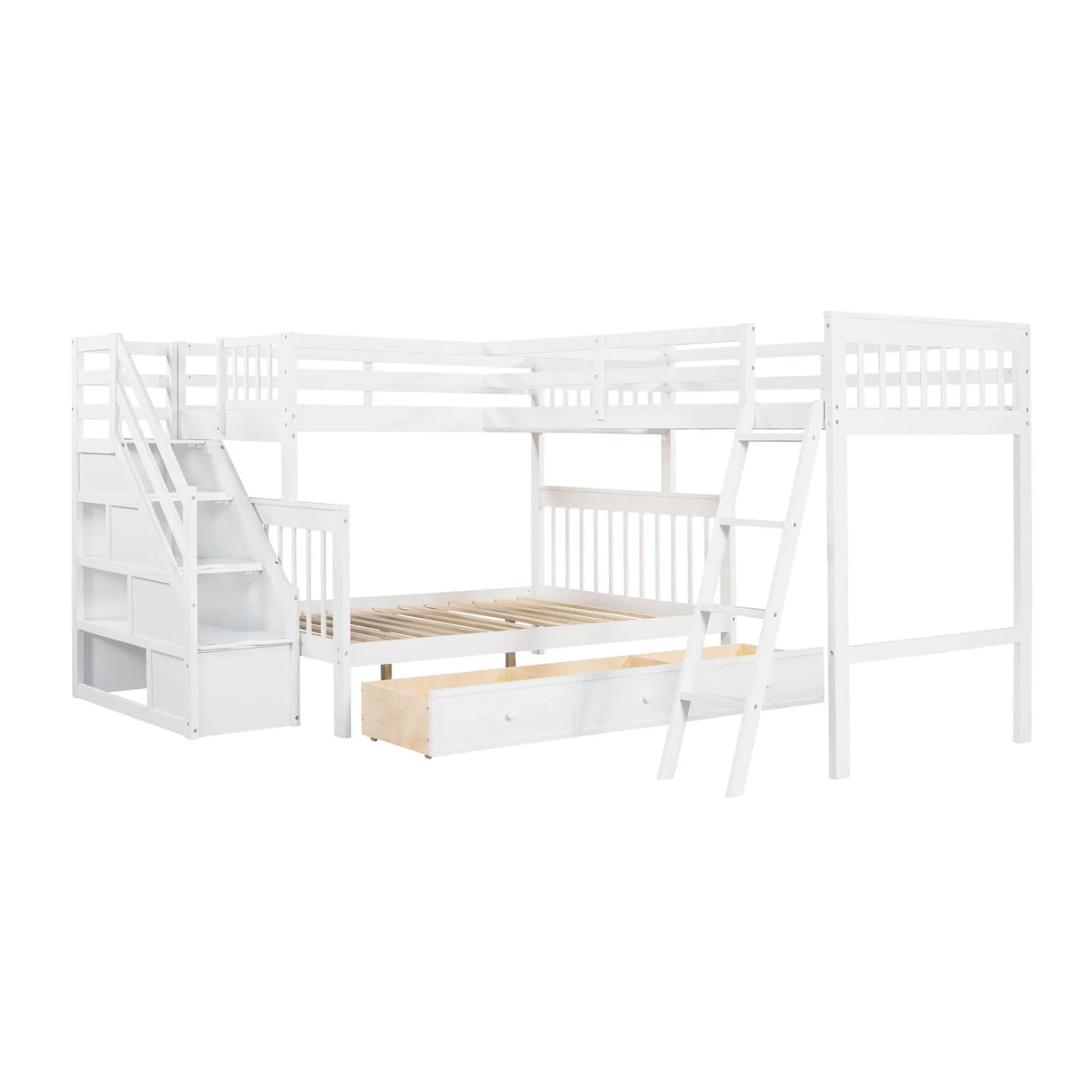 Solid L Shaped Bunk Bed With 3 Drawers, Ladder And Staircase - Furniture Home Direct