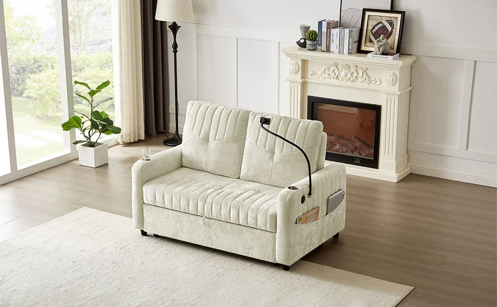 Sleeper Sofa With Adjustable Backrest, Two Cup Holders, Phone Holder, Three Charging Ports And Side Storage Pockets- Beige - Furniture Home Direct