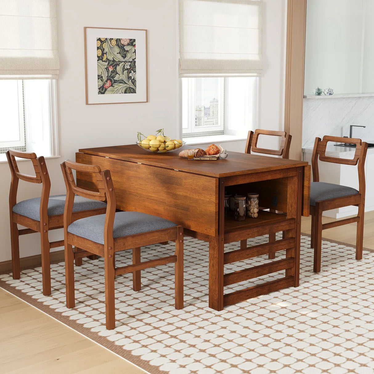 5 Piece Extendable Wood Square Dining Table Set With 2 Drop Leaves - Furniture Home Direct