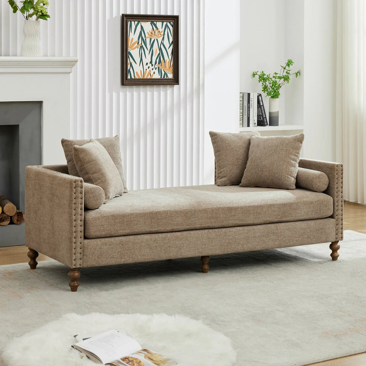 Upholstered Chaise Lounge Indoor With Nailheads, Sleeper Sofa Couch With 4 Throw Pillows & 2 Bolsters, Daybed With Rubberwood Legs - Furniture Home Direct
