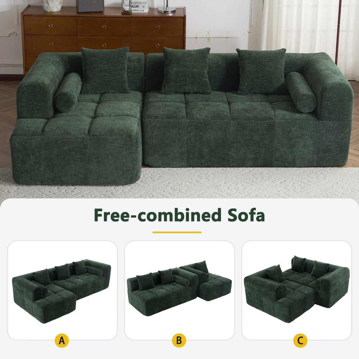 Sectional Sofa Modular Tufted Chenille Upholstery Green - Furniture Home Direct