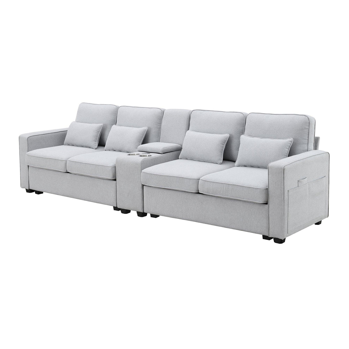 114.2 Sofa With Console 2 Cupholders 2 USB Ports Light Gray - Furniture Home Direct