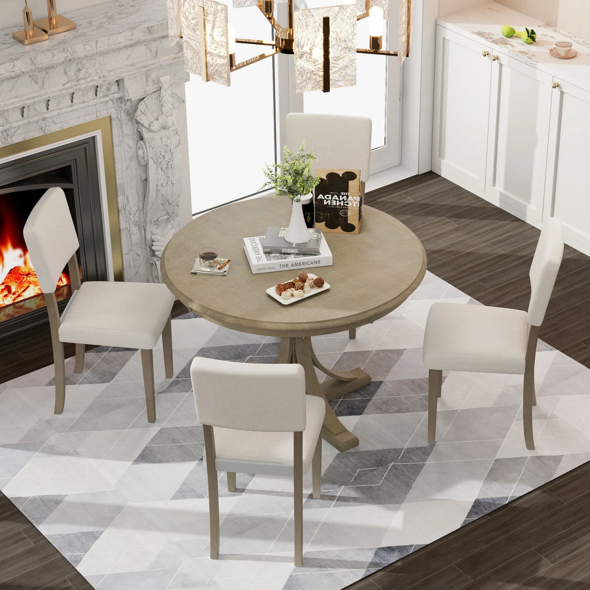 Retro Round Dining Table Set With Curved Trestle Style Table Legs And Upholstered Chairs For Dining Room - Furniture Home Direct