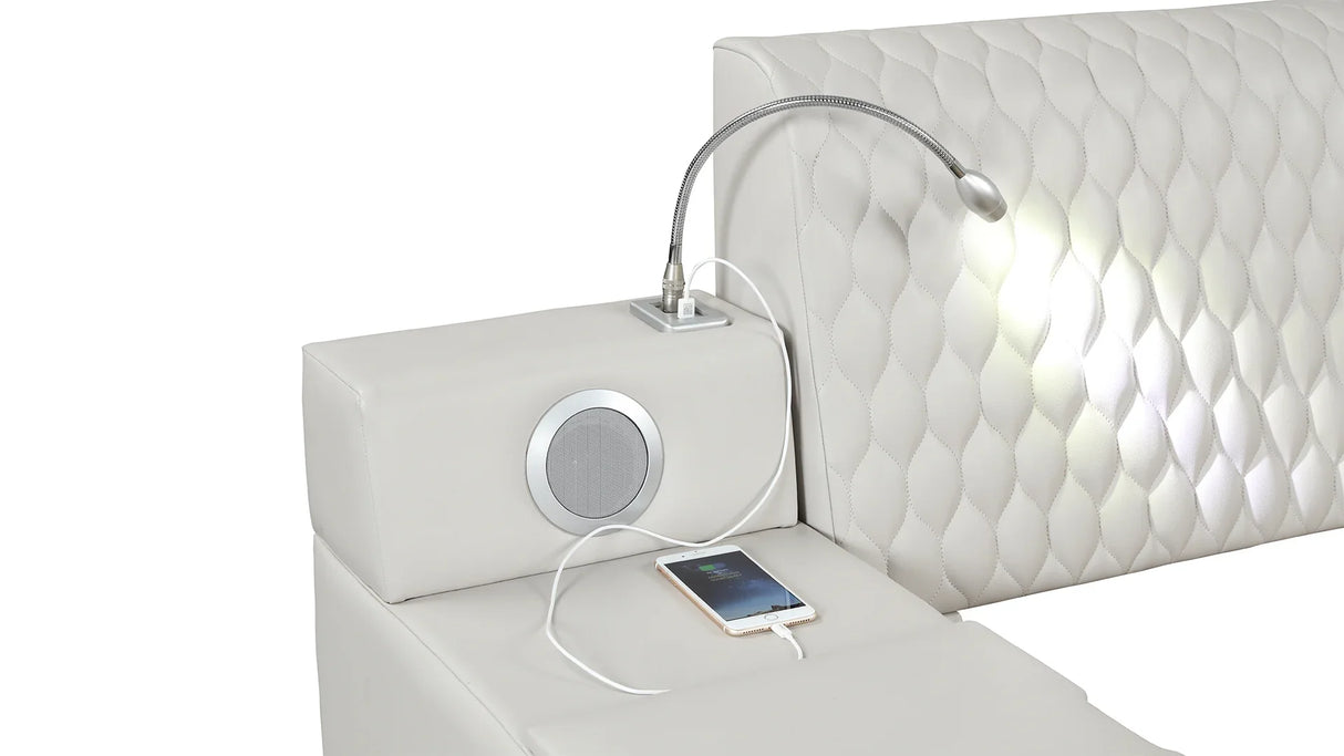 Queen Bed Upholstered Platform with Built in Lighting Beige - Furniture Home Direct